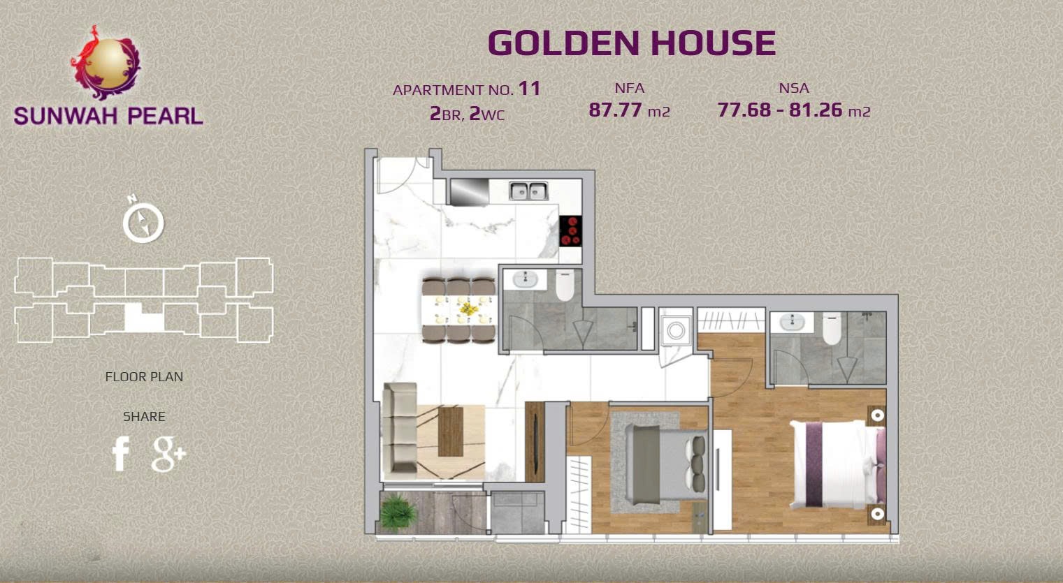 Buy 2 bedroom apartment in Sunwah Pearl - Layout GH.11, area 87m2