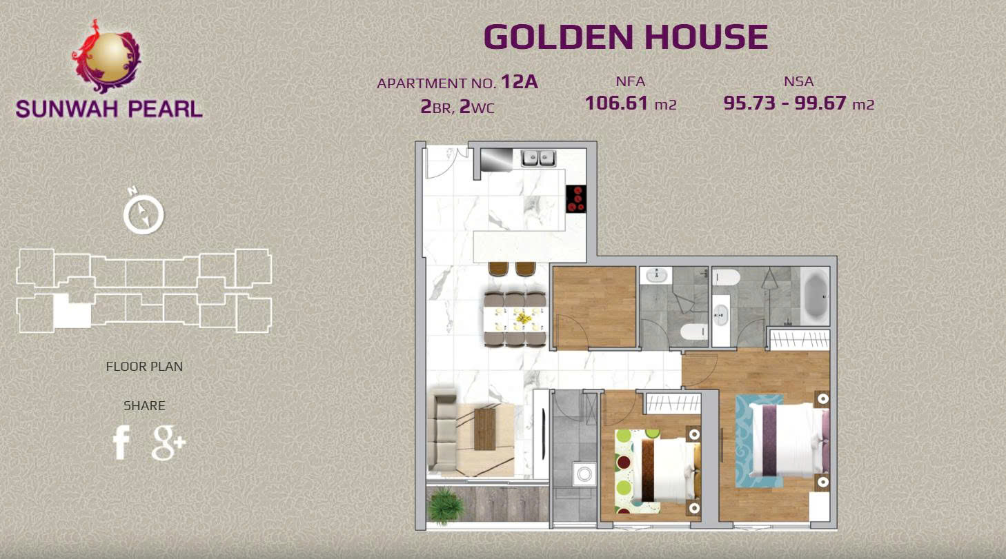Buy 2 bedroom apartment in Sunwah Pearl – Spacious 106mm2, layout 2BR+1