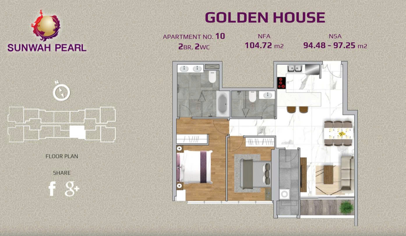 Sell 2 bedroom apartment in Sunwah Pearl Golden House with river view