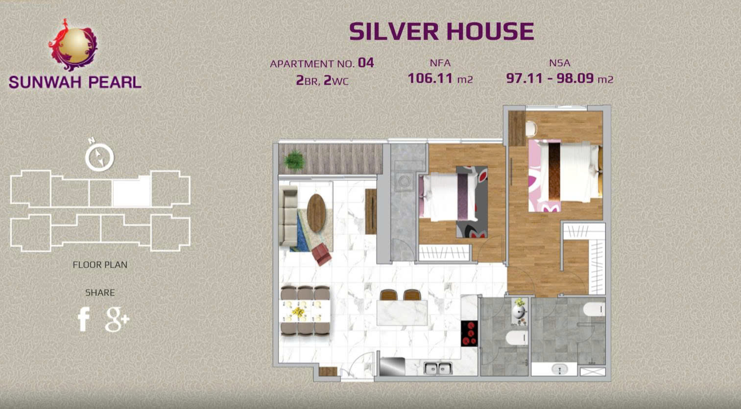 Sunwah Pearl 2 bedroom condo for sale HCMC - Silver House 04, 106m2