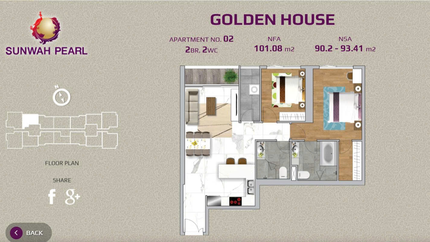 Sunwah Pearl 2 bedroom river view for sale - Layout GH.02, area 105m2