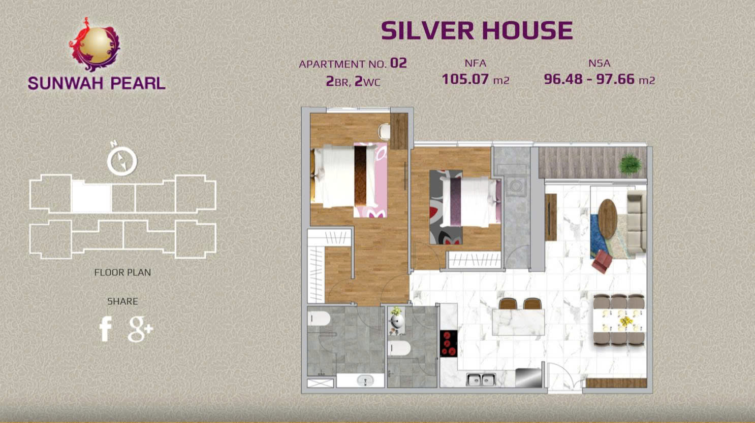 Sunwah Pearl Silver House 2BR for sale - Large 105m2, layout SH.02