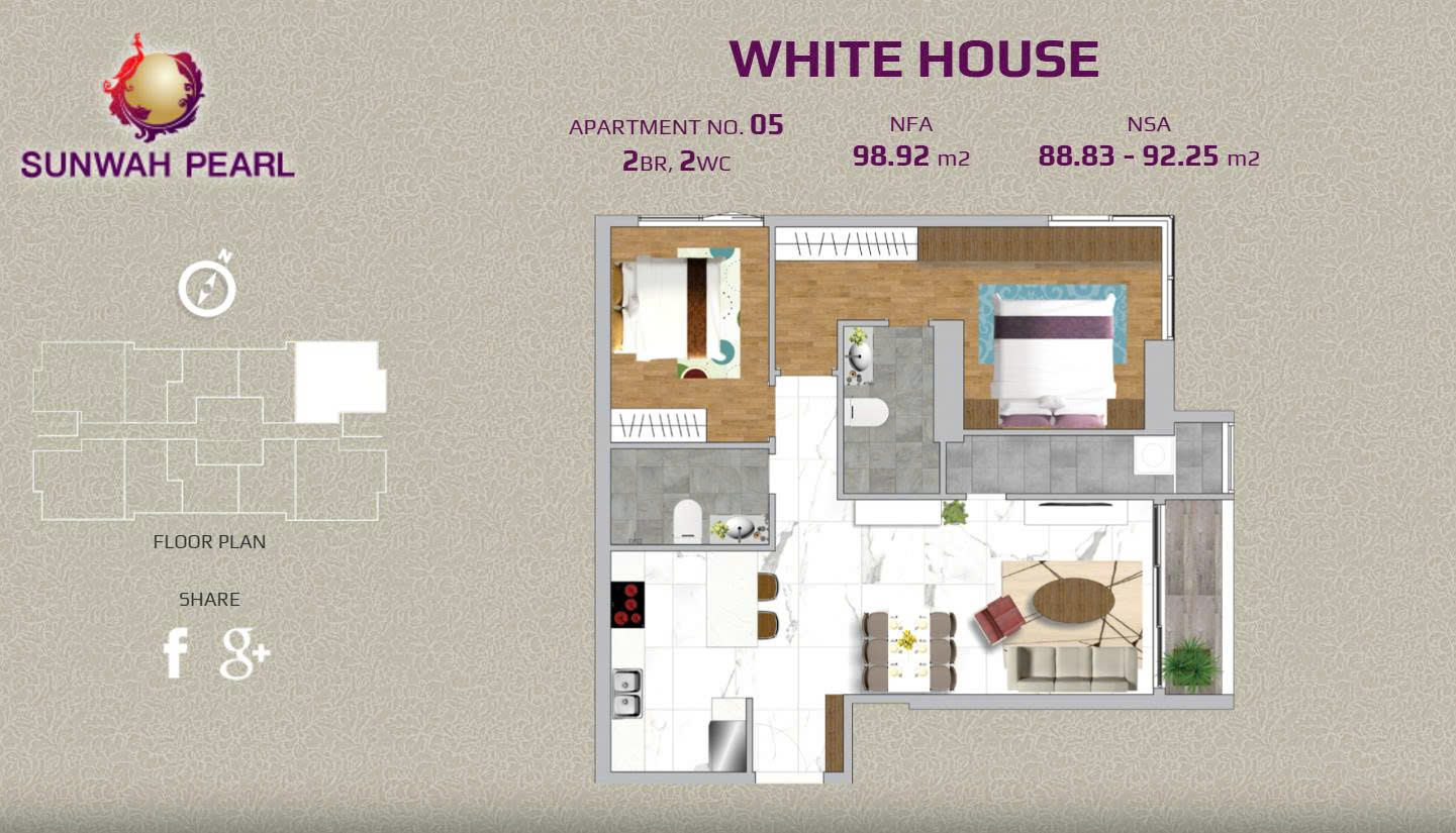 Sunwah Pearl White House 2 bedroom for sale – Layout WH.05, high floor